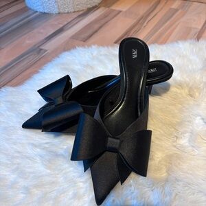 Zara Black Satin Bow Mules